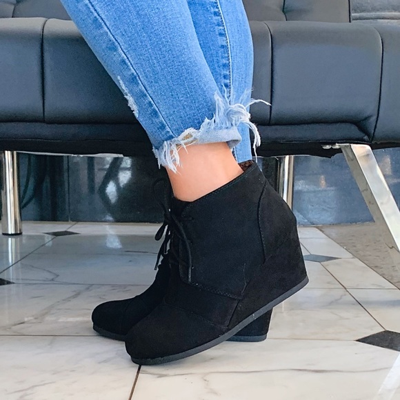 Shoes - Black Lace Up Oxford Wedge Ankle Bootie